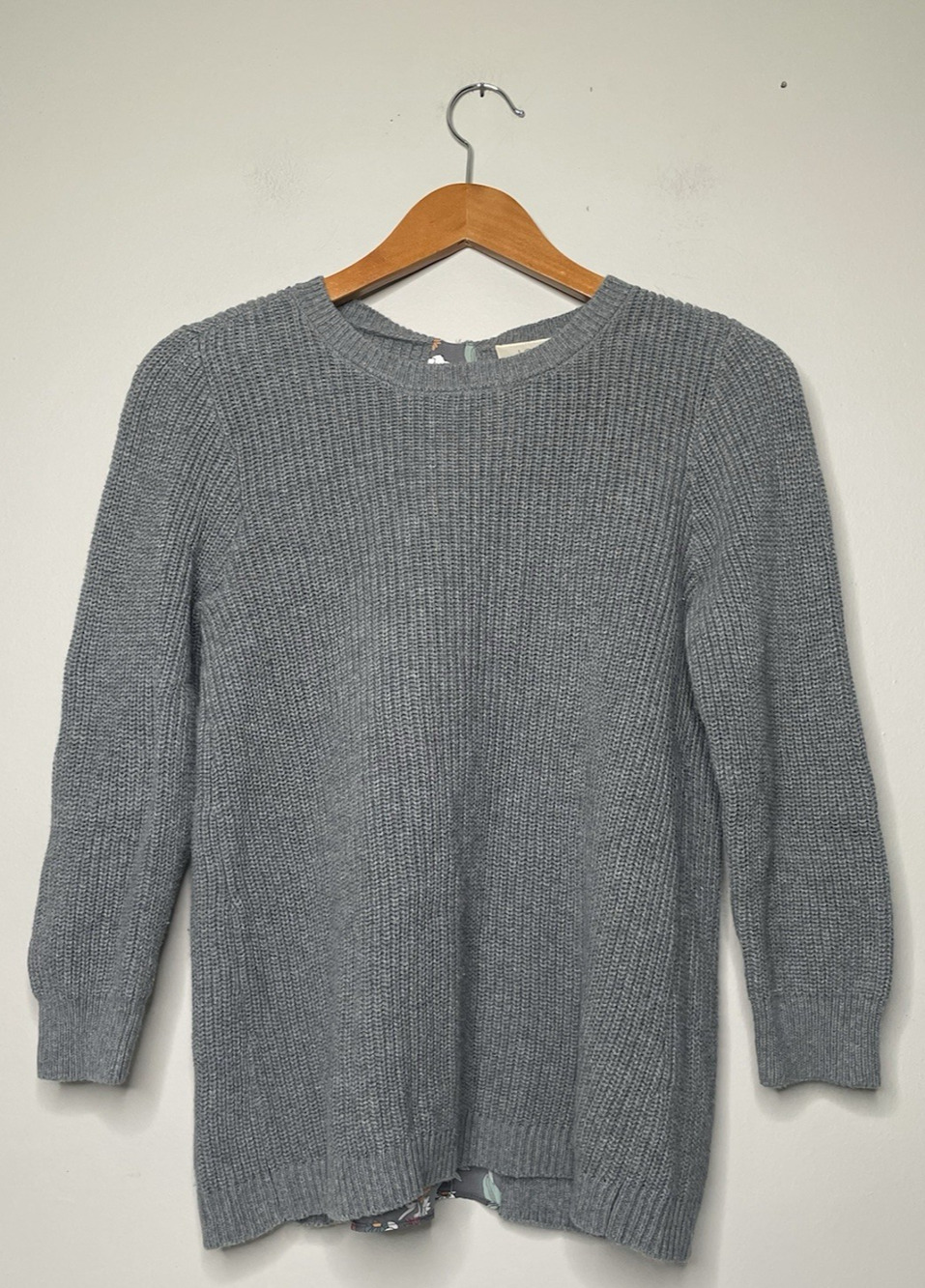 LOFT Outlet Gray Knit Sweater Floral Chiffon Back Tie Pullover Womens Medium